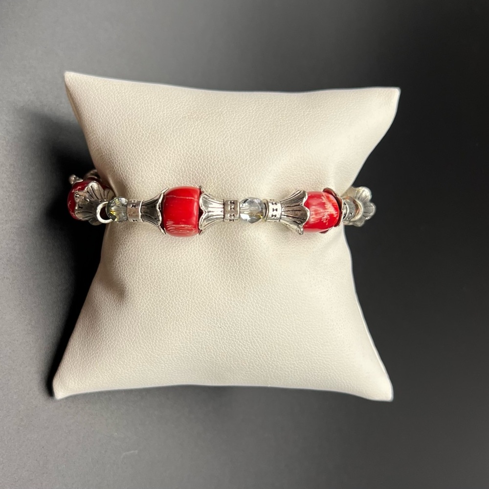 Elegant Silver tone and Red coral Bracelet with clear crystals spacers